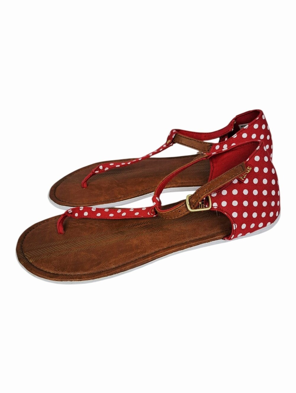 Keds "Tealight" T-Strap Polka Dot Sandals Flat red white